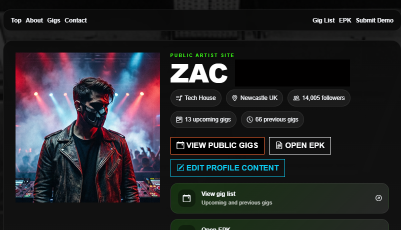 StageOS Artist Profile Example
